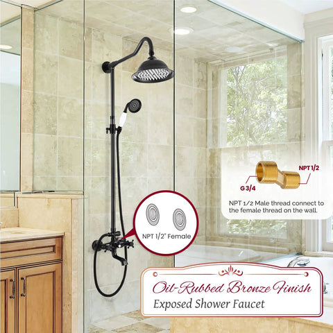 Oil Rubbed Bronze Shower Faucet Fixture With 8 Inch Rain Shower Head Dual Knob Control Triple Function Tub Spout 12 Inch Extension Included Durable Brass 3 In 1 Diverter Mixer Valve installed in modern bathroom with tiled walls