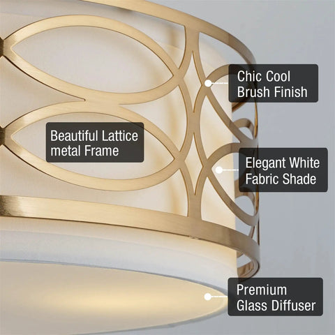 Fifteen Inch Three Light Semi Flush Mount Ceiling Light With White Fabric Shade And Glass Diffuser In Chrome Finish Sleek Modern Vibe Intricate Lattice Detailing Perfect For Living Room Or Foyer Decor Easy To Install