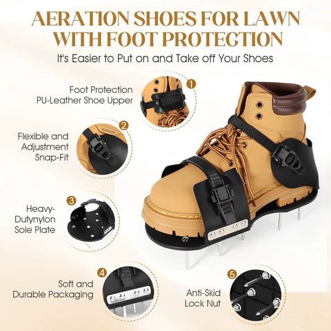Lawn Aerator Shoes With 5mm Metal Base And Adjustable Straps For Grass, Spike Shoes Tool showcasing features and materials