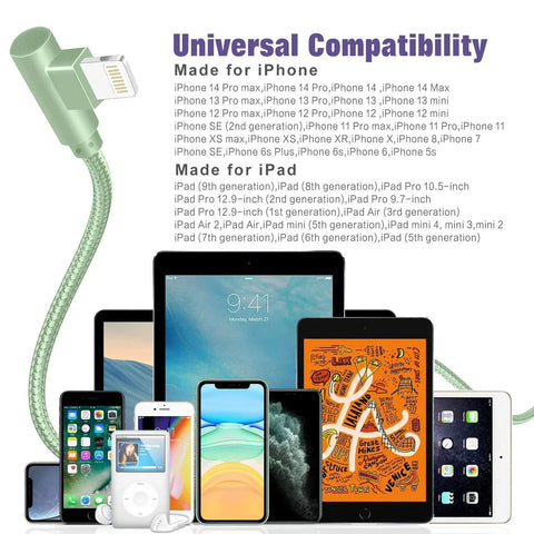 3 Pack 6 Foot Lightning Cables With 90 Degree Connectors, Apple MFi Certified iPhone Chargers For Fast Charge Up To 2.4A And 480 Mbps Data Transfer, Durable Nylon Braided Cords For Everyday Use, green cable for iPhone and iPad
