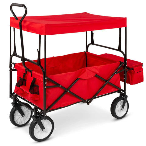 Foldable Outdoor Utility Wagon With Canopy For Beach, Picnic, Camping, Tailgates Removable Shade, 150 Lb Capacity, Red Cart