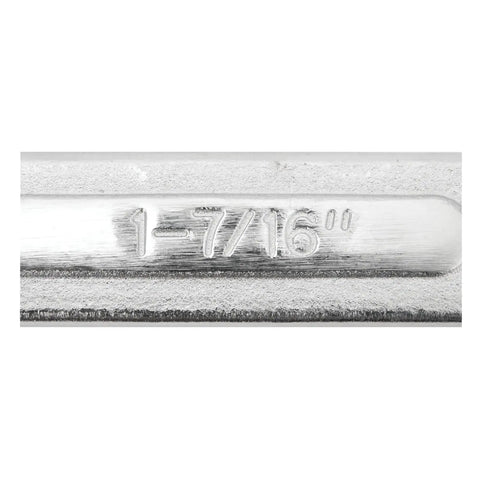 Close-up of Jumbo 1 7 16 Inch 12 Point Combo Wrench Satin Chrome Finish, showing 1-7/16 inch size engraving.