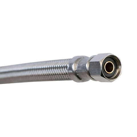 Close-up of Fifteen Foot Universal Ice Maker Water Supply Hose, Stainless Steel with 1/4 Inch Compression Fittings.