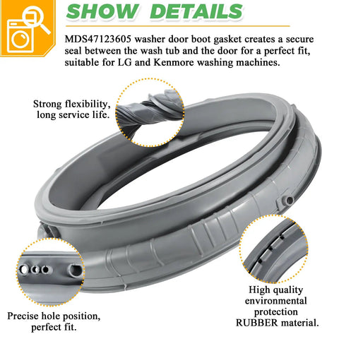 Washer Door Boot Gasket Replacement Seal For Leak Free Performance, Heavy Duty Rubber Boot Seal, OEM Style Fit For 47123605 Front Load Washers, Easy Install, Durable Replacement Part, gray rubber washer door boot gasket with hole detail
