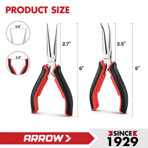 Two Piece Six Inch Needle Nose Pliers Set With Mini Long Nose And Bent Nose Pliers, Spring Loaded Design, Carbon Steel Construction, Precise Jaw Alignment, Great For Electronics, Jewelry Making, DIY Projects And Crafting. Product size chart showing 6-inch pliers
