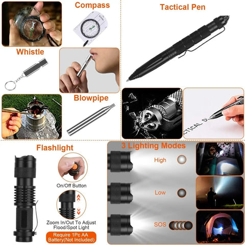 Image showing features of 125 In 1 All In One Survival Kit For Men Outdoor Gear With First Aid Supplies Emergency SOS Tactical Tools