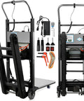 Heavy Duty Electric Stair Climbing Dolly 1250W Hand Truck With 900 Lb Load Capacity, 3 Mode Folding Climber For Moving Heavy Gear Up And Down Stairs, Aluminum Alloy Frame, Non Slip Tires, Safe Smooth Move Black, shown with charger and accessories