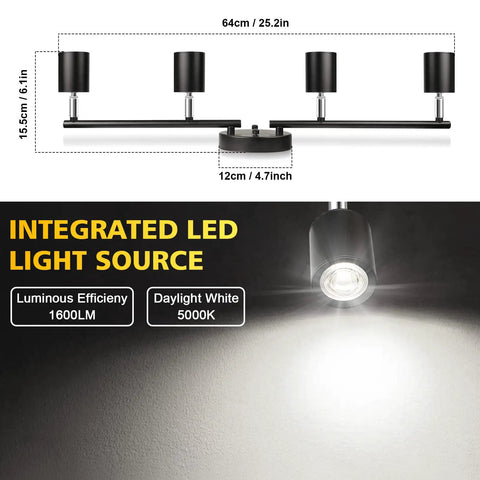 Four Light Track Lighting Kit With Rotatable Black LED Heads Dimmable 1600 Lumens Daylight White 5000K Matte Metal Spotlight Fixture