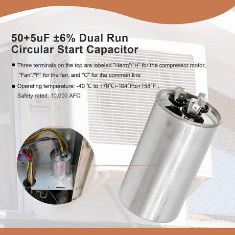 50 Plus 5uF Capacitors with 6 Percent Tolerance near HVAC unit, 370 to 440 VAC CBB65 Dual Run Start Capacitors for Condensers.