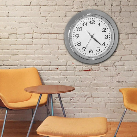 Wall-mounted Clock Insert Kit 1-7/16 Inch Dial Fits 1-3/8 Inch Hole with white dial, black Arabic numerals, in a cozy room setting.