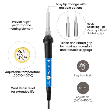 Straight Up Solid 60W Soldering Iron Kit With Quick Heat Ceramic Element And Adjustable Temp Control, featuring multiple tips and comfort grip.