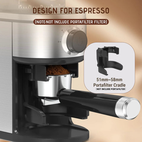 Straight Up Smooth Electric Conical Burr Coffee Grinder Sporting 30 Precision Adjustments with portafilter cradle for espresso.