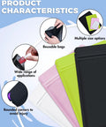 Image showing 100 Pack Resealable Food Storage Bags For Small Biz Double Sided Color Smell Proof Flat Bags Black 4 By 6 Inch For Long Term Freshness And Easy Organization in various colors and sizes with rounded corners and resealable feature.