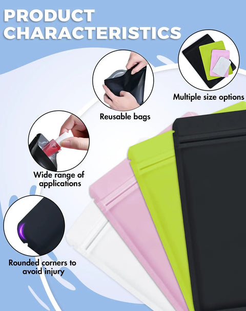 Image showing 100 Pack Resealable Food Storage Bags For Small Biz Double Sided Color Smell Proof Flat Bags Black 4 By 6 Inch For Long Term Freshness And Easy Organization in various colors and sizes with rounded corners and resealable feature.