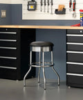 Heavy Duty 25-Inch Backless Swivel Bar Stool With Chrome Finish And Faux Leather Seat For Kitchen Garage Or Workshop Black 300 Lb Capacity 1 Pack Durable Industrial-Grade Build in modern garage with black cabinets