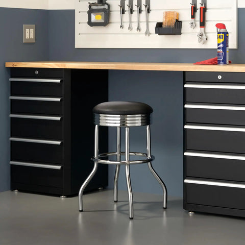 Heavy Duty 25-Inch Backless Swivel Bar Stool With Chrome Finish And Faux Leather Seat For Kitchen Garage Or Workshop Black 300 Lb Capacity 1 Pack Durable Industrial-Grade Build in modern garage with black cabinets