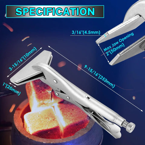 10 Inch Heavy Duty Locking Sheet Metal Clamp For Welding And Metalwork With Adjustable Opening Nickel Plated Carbon Steel Duckbill Locking Pliers For Metal Bending And Clamping 1 Pack, detailed view showing dimensions