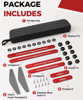 Adjustable Stair Tread Template Tool Featuring Interchangeable Aluminum Slider Bars For Dead On Layouts and Hassle Free DIY Measurements That Nail The Fit Every Single Time package contents, storage bag and sliders, washers, knobs