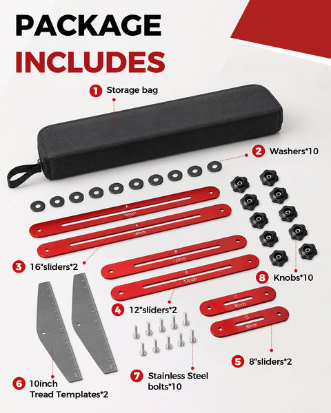 Adjustable Stair Tread Template Tool Featuring Interchangeable Aluminum Slider Bars For Dead On Layouts and Hassle Free DIY Measurements That Nail The Fit Every Single Time package contents, storage bag and sliders, washers, knobs