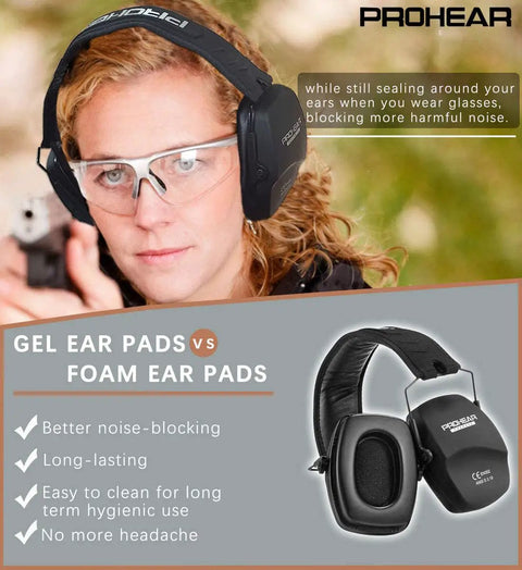 Gel Ear Seals Shooting Earmuffs With NRR 26dB Noise Reduction shown on woman shooter, highlighting memory foam gel seals, black.