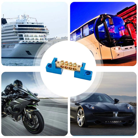 Brass Terminal Bus Bar 4 Position Blue Set Of 5 With Polycarbonate Shell High Strength And Wear Resistant For Distribution Box Use M4 Screw Size Compact 71 By 15 By 21 Mm, blue brass bus bar shown with car, bike, bus, and ship use