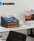 Sturdy Metal Mesh Letter Tray Organizer For Your Desk With 3 Paper Trays And 2 Vertical Uprights on office desk