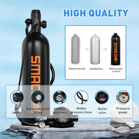 Compact 1.9L Scuba Tank For Shallow Water Diving With Mask Connection showing construction process and components