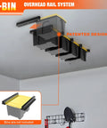 Garage Ceiling Bin Storage Rack, Adjustable Heavy Duty Overhead Tote Rail System For Five Bins, Bins Not Included, installed view