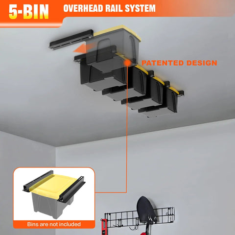 Garage Ceiling Bin Storage Rack, Adjustable Heavy Duty Overhead Tote Rail System For Five Bins, Bins Not Included, installed view