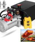 12V Hydraulic Pump For Dump Trailers And Car Lifting, Double Acting Electric Power Unit, 8-Quart Capacity shown with components