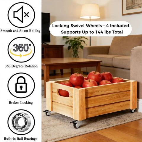 Dead Silent TPR Rubber Swivel Casters With Parking Brake Lock on wooden crate with apples, designed for smooth floor movement.