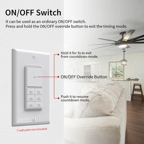 One To Sixty Minute Countdown Light Switch With Adjustable LED Brightness For Bathroom Fans And Heaters, 120VAC Neutral Required