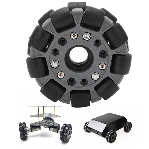 Three items shown: 100mm double plastic omni-directional wheel with rubber rollers on gray hub, plus two robotic bases.