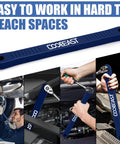 Offset Extension Wrench For Tight Spots Impact Ready Socket Extender with 1/4-1/2 in adapters shown in various uses
