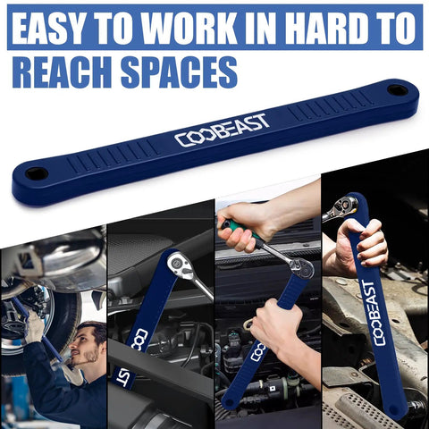 Offset Extension Wrench For Tight Spots Impact Ready Socket Extender with 1/4-1/2 in adapters shown in various uses