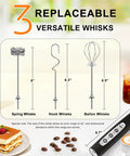 Rechargeable USB Milk Frother Wand With Three Heads And Three Speeds For Lattes Cappuccinos Hot Chocolate And Egg Mixing Portable Handheld Electric Whisk For Home Barista Use Eco Friendly USB Charging with three replaceable whisks shown.