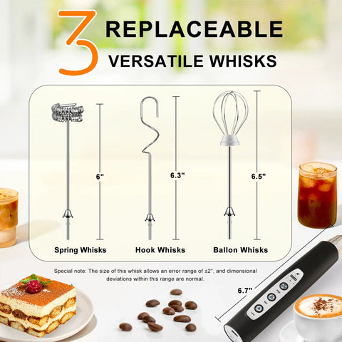Rechargeable USB Milk Frother Wand With Three Heads And Three Speeds For Lattes Cappuccinos Hot Chocolate And Egg Mixing Portable Handheld Electric Whisk For Home Barista Use Eco Friendly USB Charging with three replaceable whisks shown.