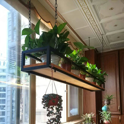 Industrial Wood And Iron Ceiling Hanging Shelf For Plants And Kitchen Storage Floating Guardrail Shelf With Heavy Duty Build Durable Overhead Rack