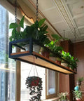 Retro American Wrought Iron And Wood Floating Shelf Ceiling Rack for Hanging Plants and Wine, installed in a kitchen.