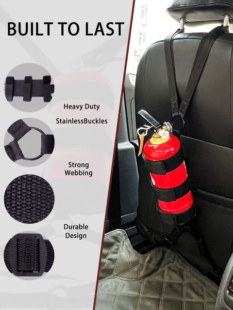 Two Pack Universal Car Fire Extinguisher Bracket And Mount Strap For 2.5 To 3.3 Pound Extinguishers installed in vehicle.