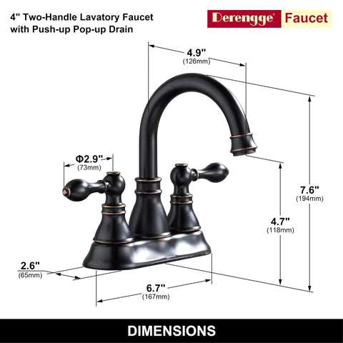 Image showing dimensions of Oil Rubbed Bronze Centerset Bathroom Faucet With Two Handles For Three Hole Sinks 4 Inch Swivel Spout.