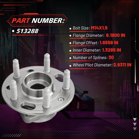 Front And Rear Wheel Hub Bearing Assembly Replacement For GM Cars Like Malibu Impala Equinox Terrain Lacrosse XTS CTS Regal Buick And Cadillac With ABS 5 Lug 2 Piece Set, showing part number 513288 and detailed dimensions.