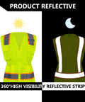 Womens High Visibility Safety Vest Featuring Hella Breathable Mesh Fabric Adjustable Waist Belt Multiple Storage Pockets Smooth Zipper ANSI Class 2 Reflective Strips Built For The Daily Grind, showcasing front and back views with reflective strips.