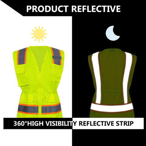 Womens High Visibility Safety Vest Featuring Hella Breathable Mesh Fabric Adjustable Waist Belt Multiple Storage Pockets Smooth Zipper ANSI Class 2 Reflective Strips Built For The Daily Grind, showcasing front and back views with reflective strips.
