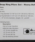 Specifications for Heavy Duty 2 Piece Internal And External Snap Ring Pliers Set, 16 Inch Overall Length With 12.5 Inch Handles