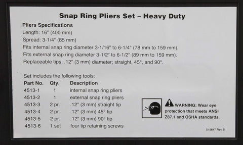 Specifications for Heavy Duty 2 Piece Internal And External Snap Ring Pliers Set, 16 Inch Overall Length With 12.5 Inch Handles