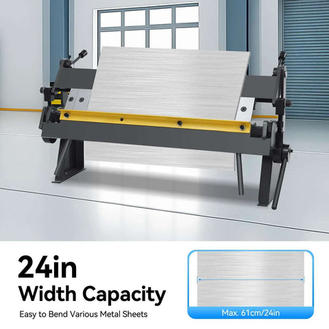 Front view of 24 inch pan and box brake sheet metal bender hand brake machine showing 24in width capacity and adjustable bending angle.