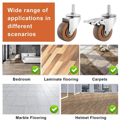 Beefy Heavy Duty Caster Wheels With Top Plate Swivel Design showing use on various flooring types and settings.