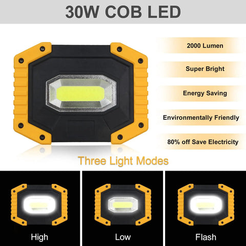 Rechargeable LED Work Light 30W 2000LM with 3 Modes Waterproof COB flood lights showing high, low, and flash modes