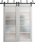 Quadro 4002 Interior Barn Bypass Sliding Doors Set With Frosted Glass MDF Panels Black 60 By 96 Inches front view